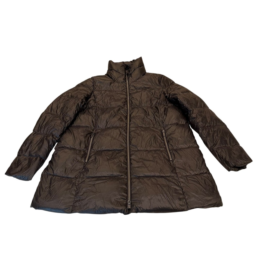 Lands End Womens Black Down Puffer Jacket Coat Full Zip Pockets Mock XL Tall